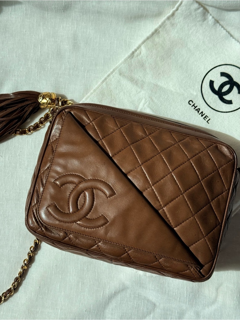 Vintage CHANEL Brown Lambskin Tassel Camera Bag CC Gold Chain 1 Series Rare
